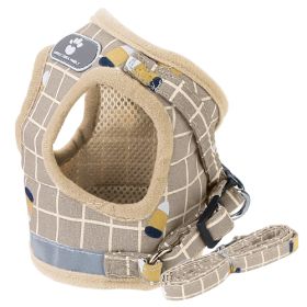 Pet Mesh Harness Dog Leash Set Reflective Chest Strap Adjustable Puppy Vest For Puppies Breeds Dogs Cats Walking Outdoor (Option: LeashKhakiCheckeredM)