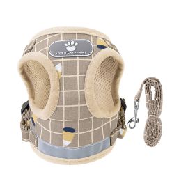 Pet Mesh Harness Dog Leash Set Reflective Chest Strap Adjustable Puppy Vest For Puppies Breeds Dogs Cats Walking Outdoor (Option: LeashKhakiCheckeredS)
